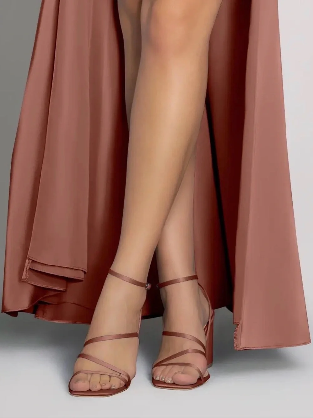 Azazie Satin Strappy Block Heel Sandals in cedar rose